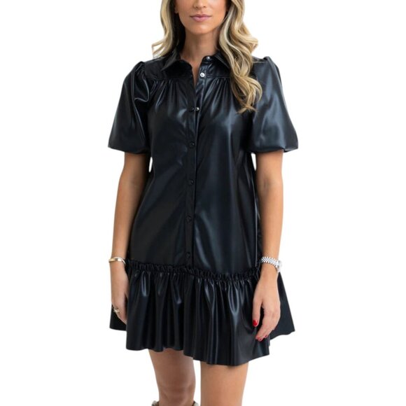 Fate Pleather Puff Sleeve Button Down Dress Sz M - Picture 1 of 12